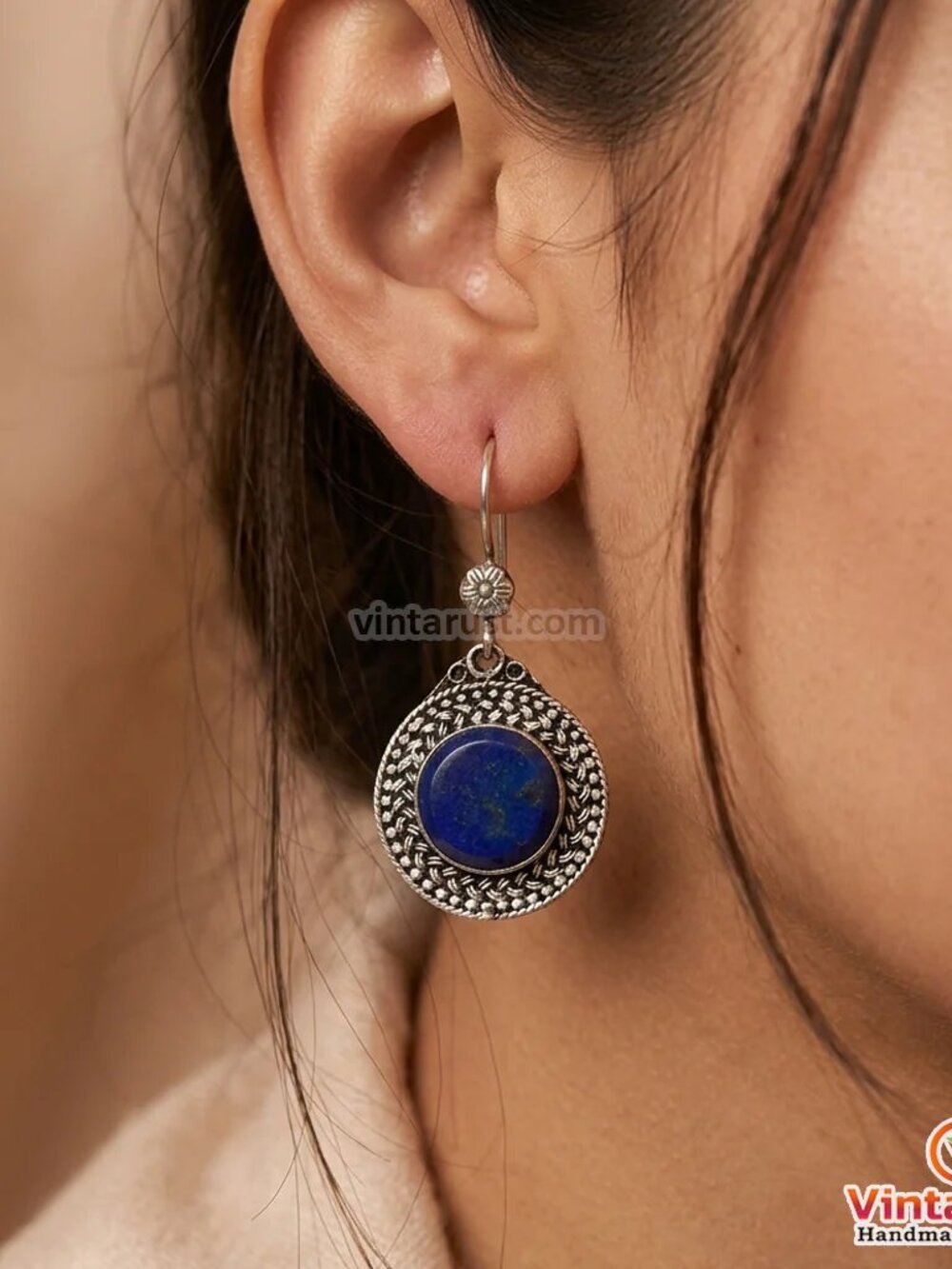 Handmade Blue Gemstone Dangle Earrings: Silver Tone Lapis Lazuli Earrings